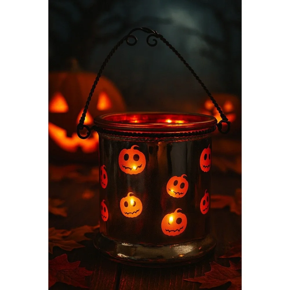 Halloween Decor Silver Mercury Glass Pumpkin Lantern Candle Holder‎ with Handle